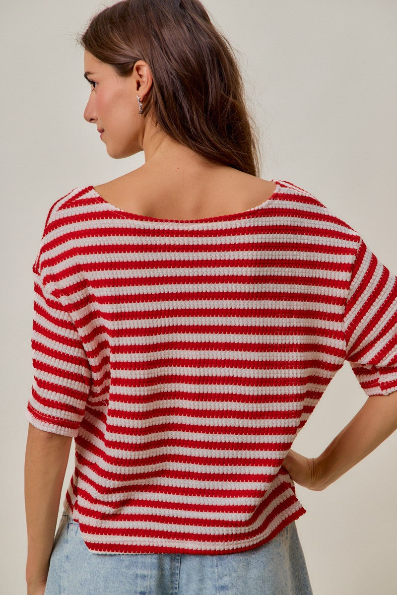 Back view of red-and-ivory striped cardigan top with short sleeves and round neckline