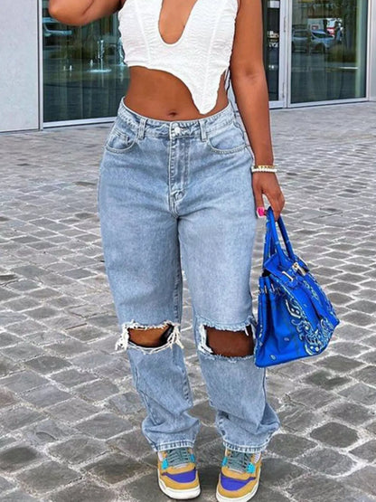 Distressed Torn at Knees High-Waisted Jeans | Tigbuls Variety Fashion
