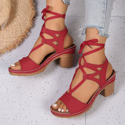 Lace-Up Block Heel Sandals - Tigbul's Variety Fashion Shop