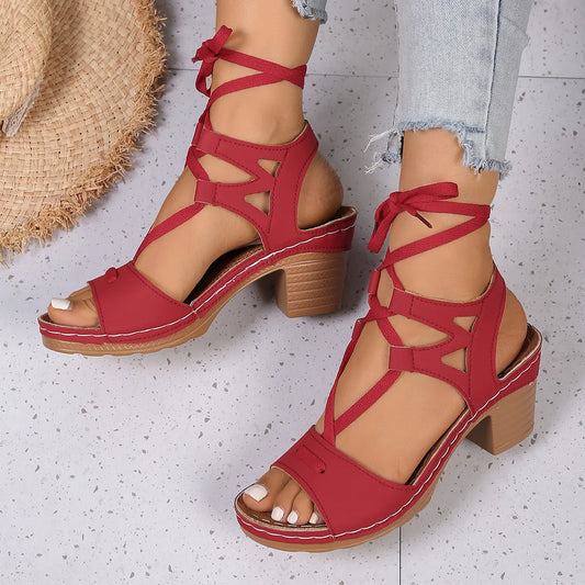 Lace-Up Block Heel Sandals - Tigbul's Variety Fashion Shop