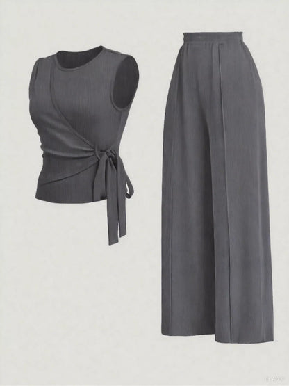 Side Tie Round Neck Tank and Pants Set - Tigbul's Variety Fashion Shop