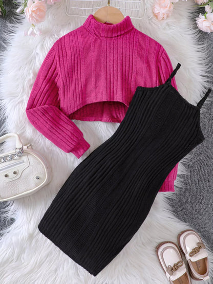 Children's Girls Ribbed Knit Two-Tone Dress Set - Tigbuls Variety