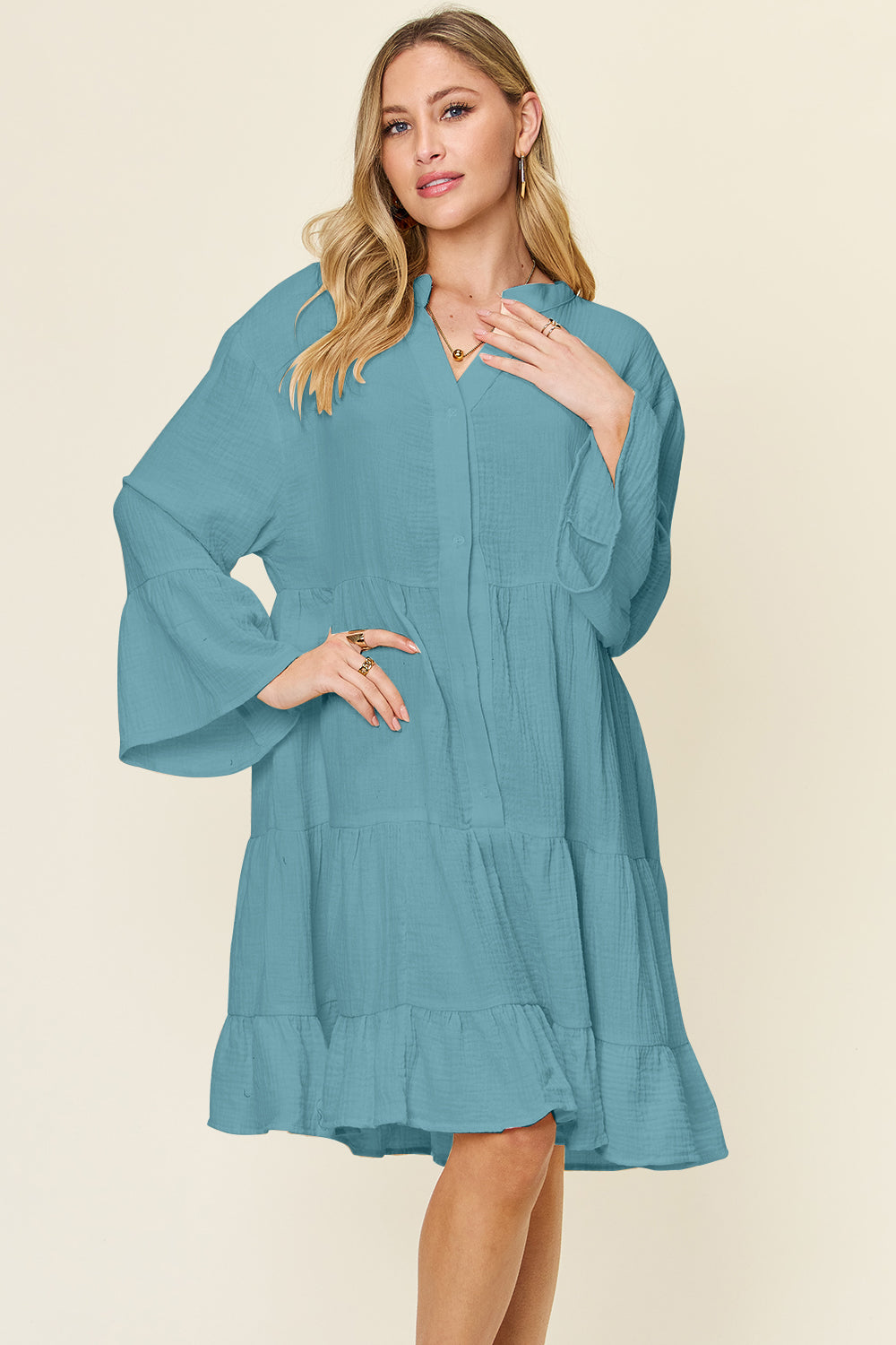 Double Take Full Size Texture Button Up Ruffle Hem Dress - Tigbul's Variety Fashion Shop