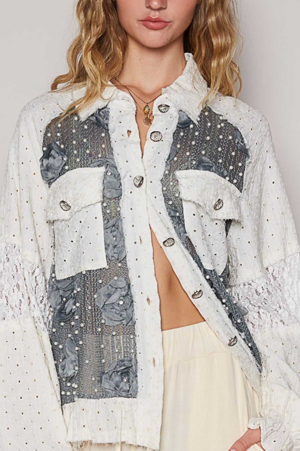 POL Eyelet Flower Pearl Detail Lace Patchwork Shirt - Tigbul's Variety Fashion Shop