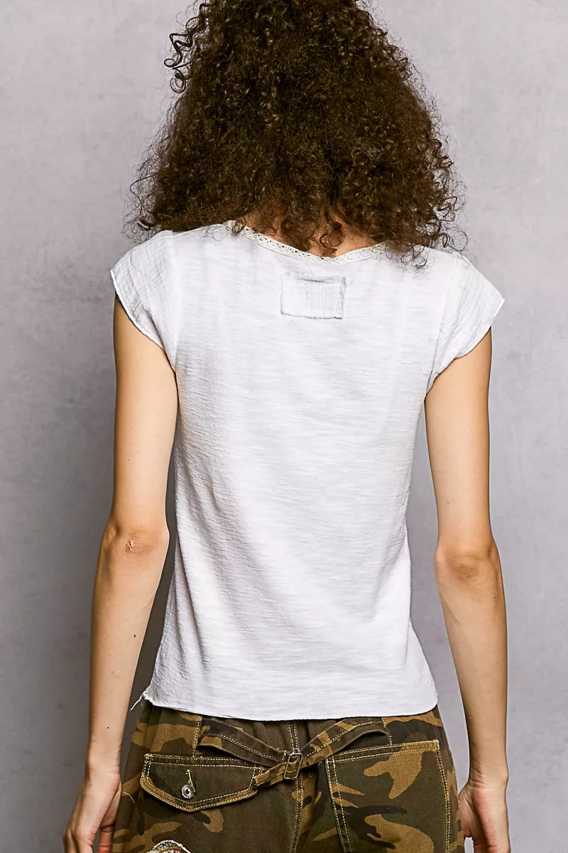 Off-white textured knit top, back view with short sleeves
