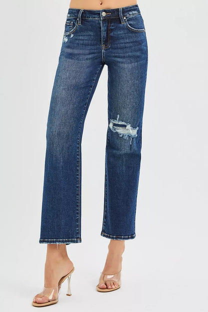 High Rise Crop Slim Straight Jenas with Hidden Knee Patch - Tigbul's Variety Fashion Shop