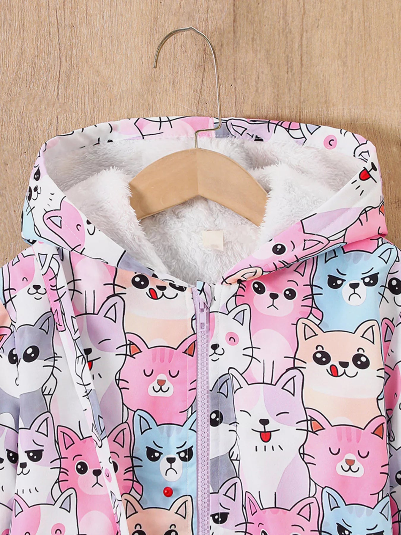 Children's Cartoon Cat Print Fleece Lined Hooded Jacket with Bag - Tigbuls