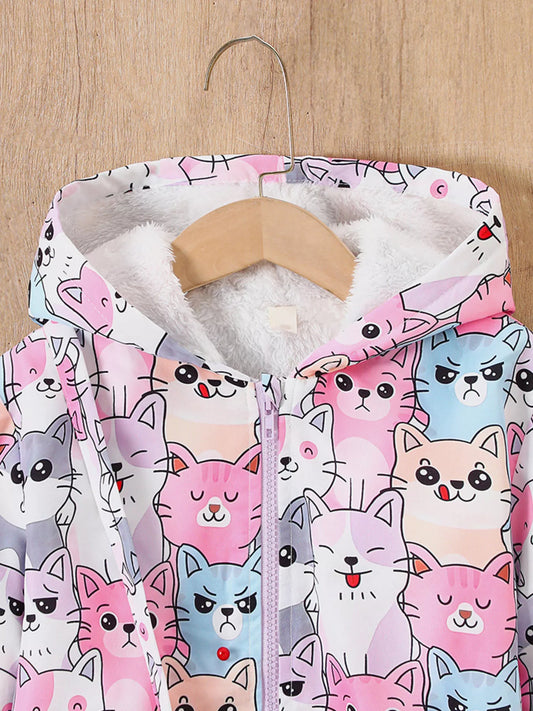 Children's Cartoon Cat Print Fleece Lined Hooded Jacket with Bag - Tigbuls