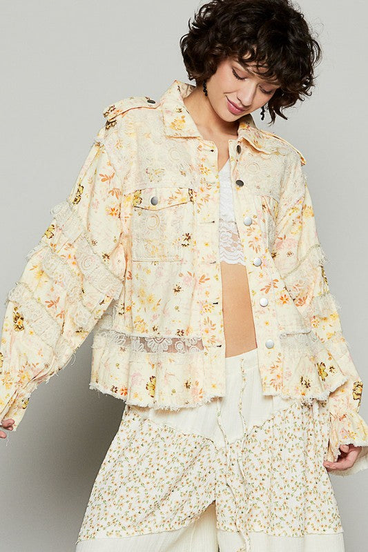 POL Raw Hem Lace Patch Flounce Sleeve Jacket - Tigbul's Variety Fashion Shop