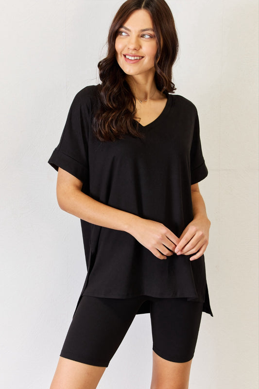 Black V-Neck Short Sleeve Slit T-Shirt and Shorts Set - Tigbul's Variety Fashion Shop