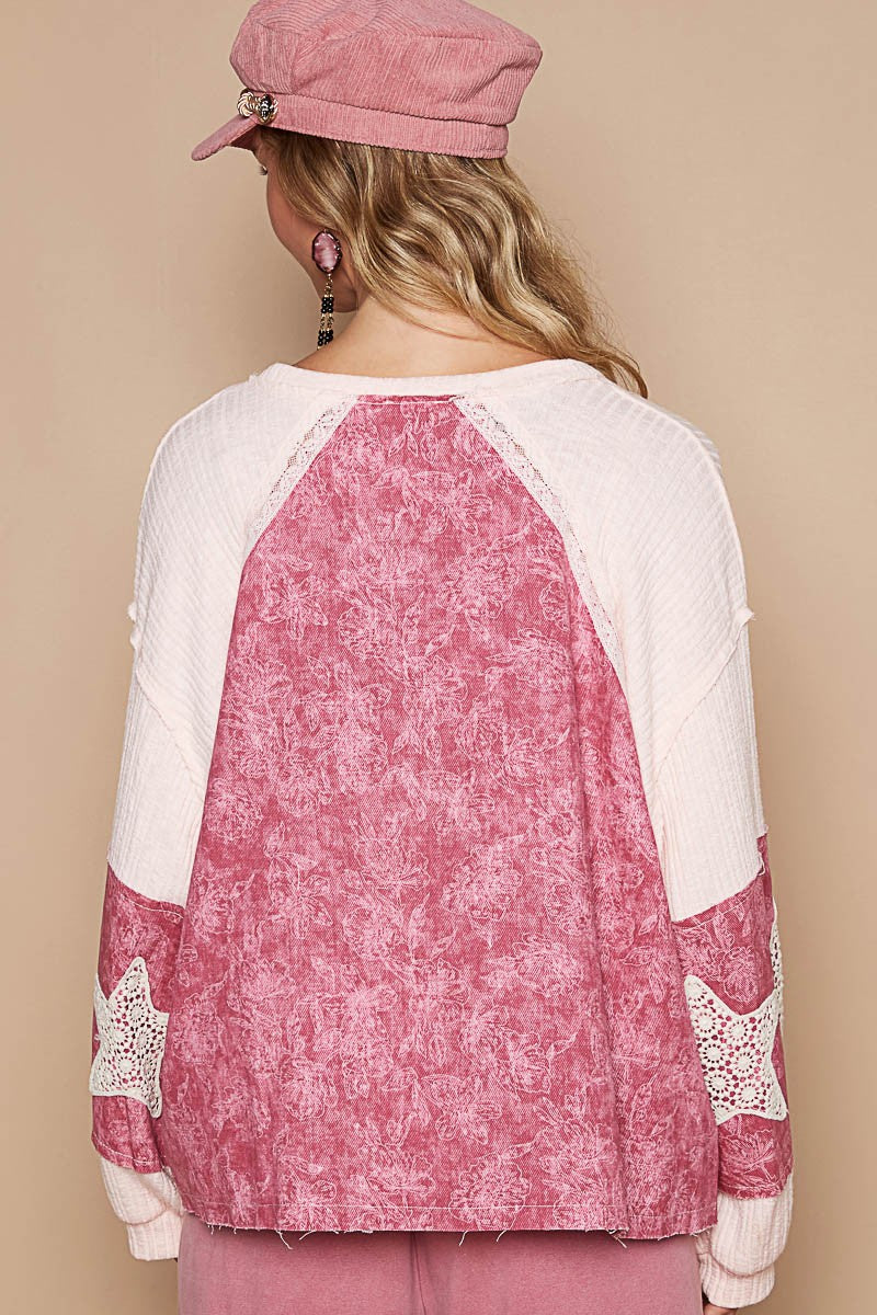 POL Lace Detail Floral Pattern V Neck Top - Tigbul's Variety Fashion Shop