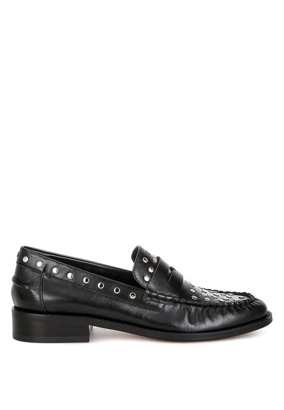 Oglavia Stud Embellished Black Genuine Leather Loafers - Tigbul's Variety Fashion Shop