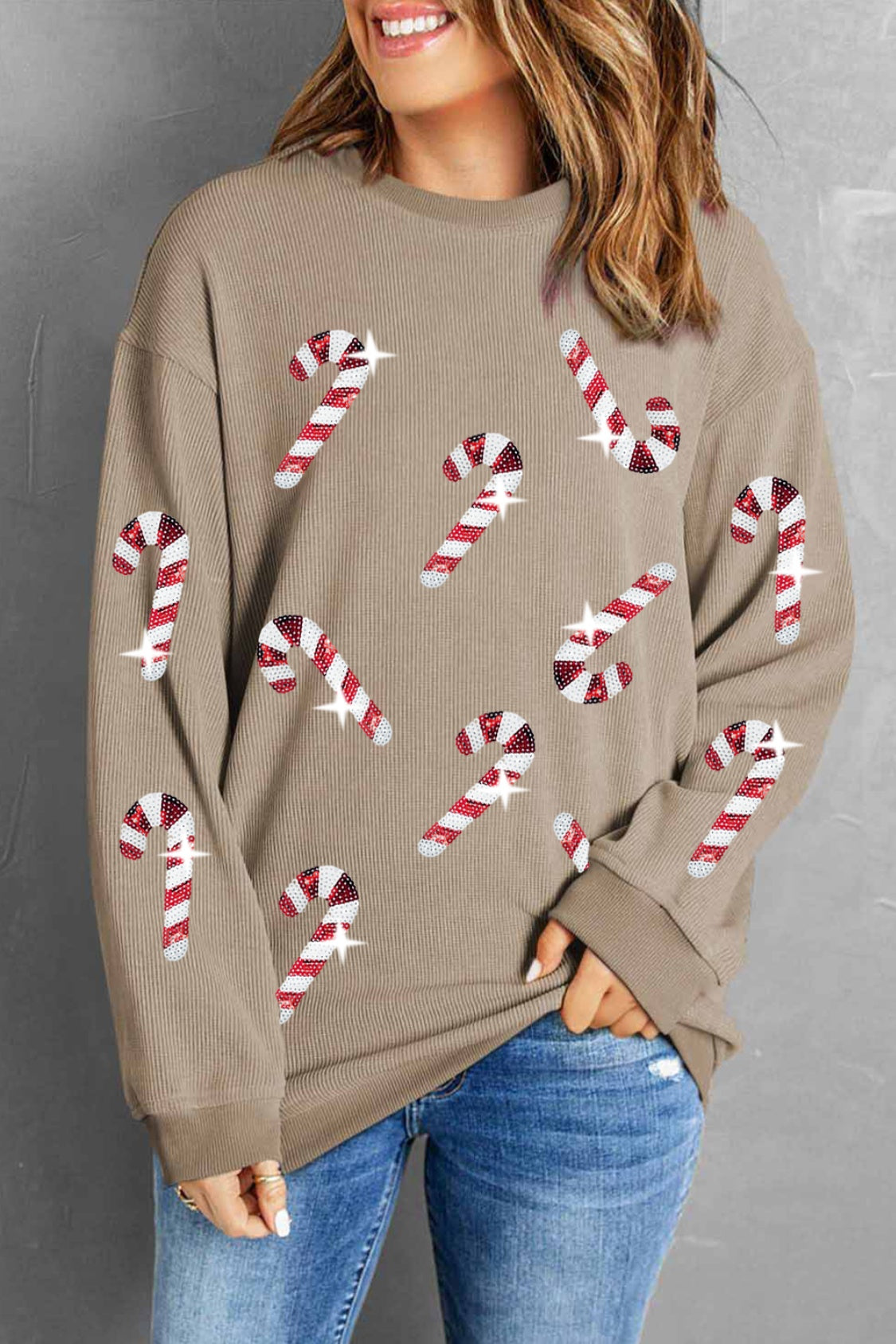 Sequin Candy Cane Round Neck Sweatshirt - Tigbul's Variety Fashion Shop