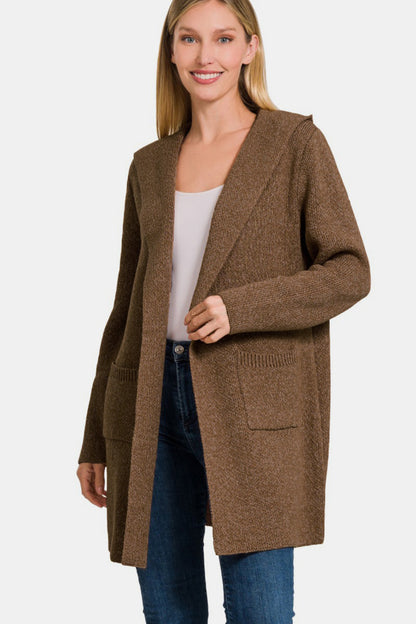 Brown Hooded Open Front Sweater Cardigan | Tigbuls