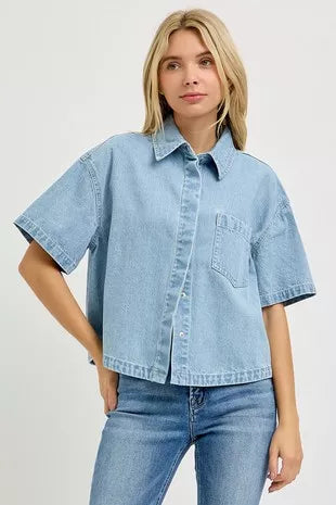 Oversized cropped denim shirt, light wash, half sleeves, button front, chest pocket