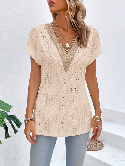 Slit Eyelet V-Neck Short Sleeve Blouse - Tigbul's Variety Fashion Shop