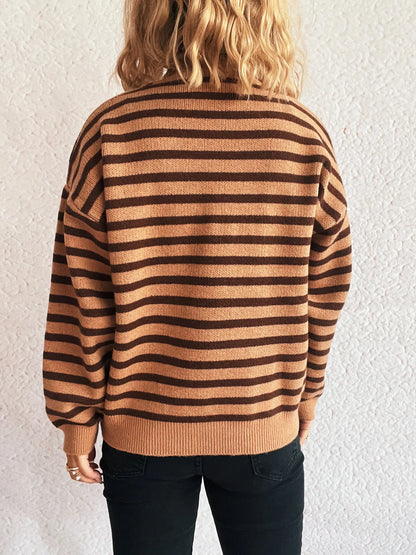 Striped Mock Neck Long Sleeve Sweater - Tigbul's Variety Fashion Shop