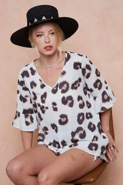 BiBi Leopard Printed V Neck Woven Top with Ruffled - Tigbul's Variety Fashion Shop