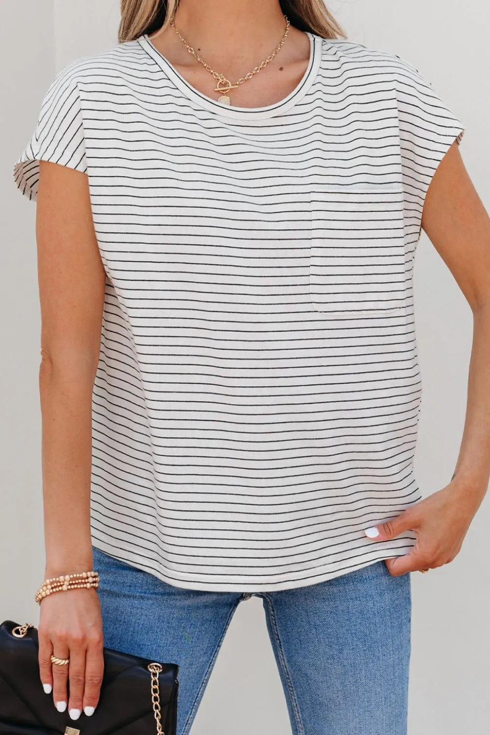 Stripe Cap Sleeve Crew Neck Casual Tee with Chest Pocket - Tigbul's Variety Fashion Shop