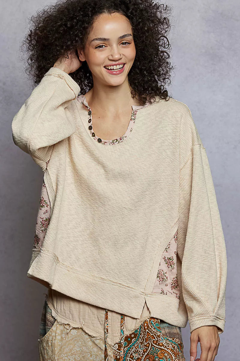 POL Balloon Sleeve Oversized Ribbed Top with Floral Pattern Contrast - Tigbul's Variety Fashion Shop