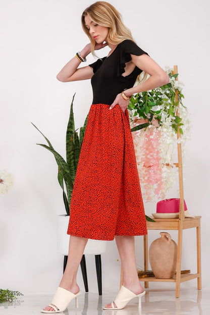 Two Tone Animal Print Flutter Sleeve Midi Dress - Tigbul's Variety Fashion Shop