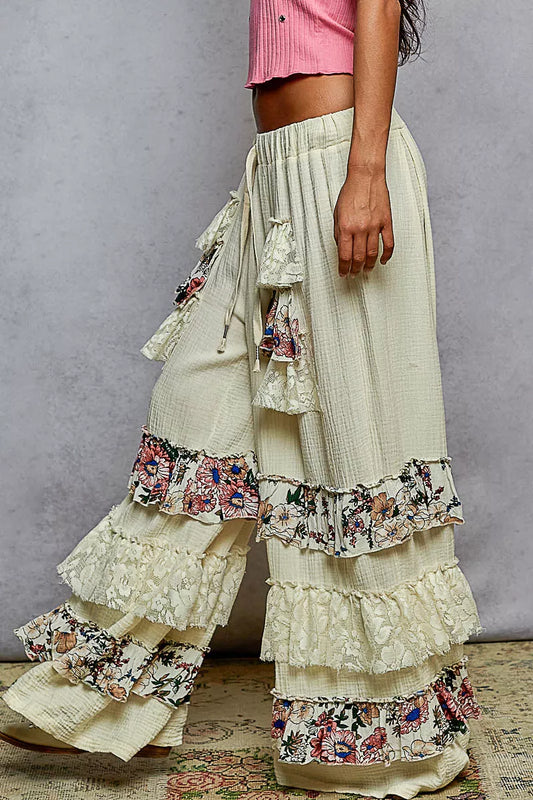 POL Drawstring Double Gauze Wide Leg Pants with Print and Lace Ruffle - Tigbul's Variety Fashion Shop