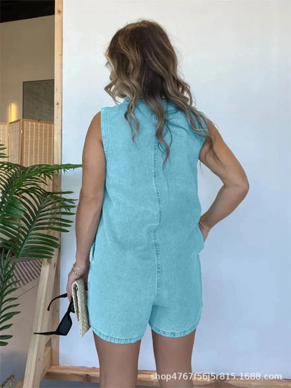 Button Front Sleeveless Denim Romper - Tigbul's Variety Fashion Shop