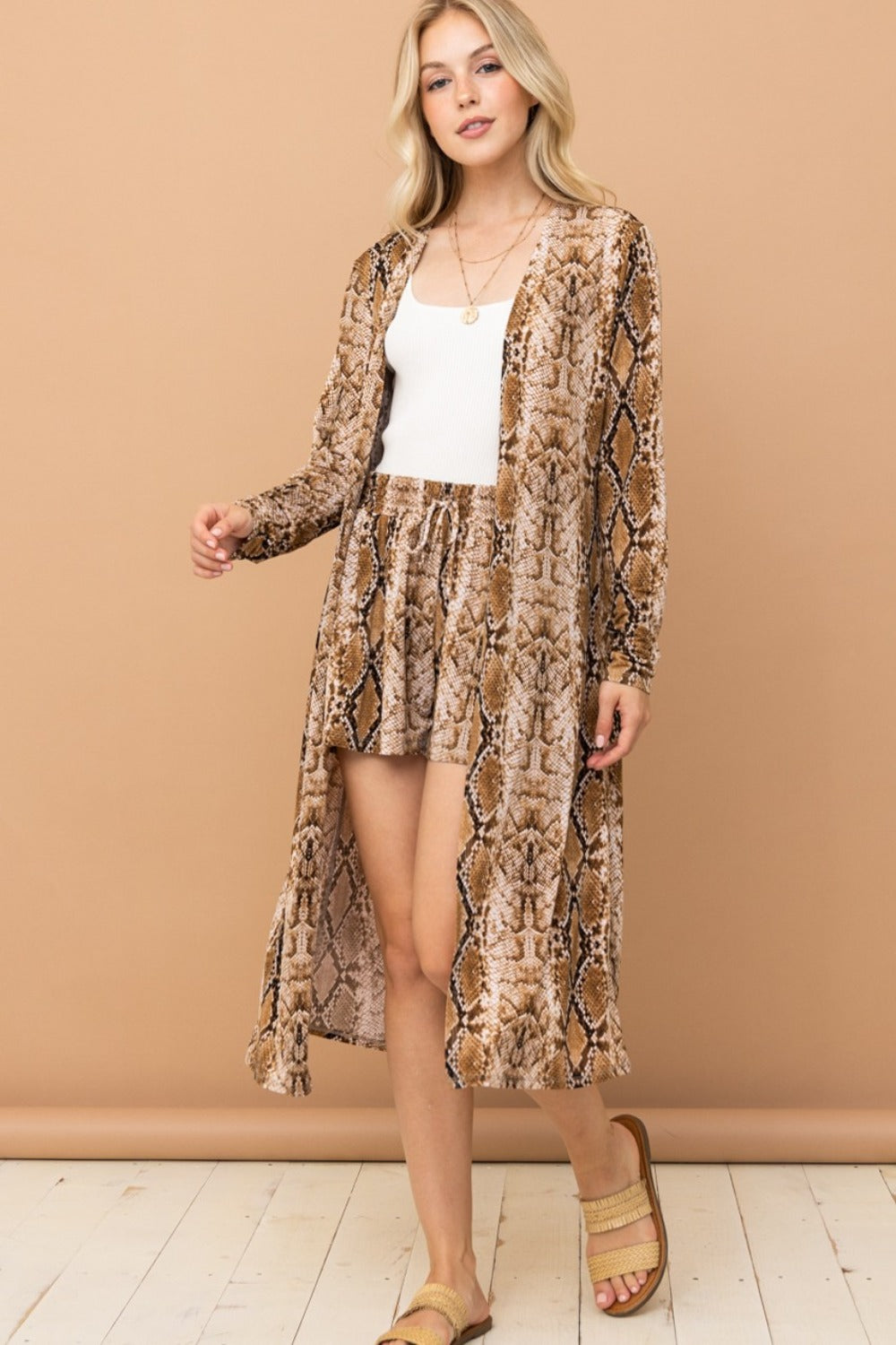 And The Why Snake Print Kimono Open Front Longline Cardigan - Tigbul's Variety Fashion Shop