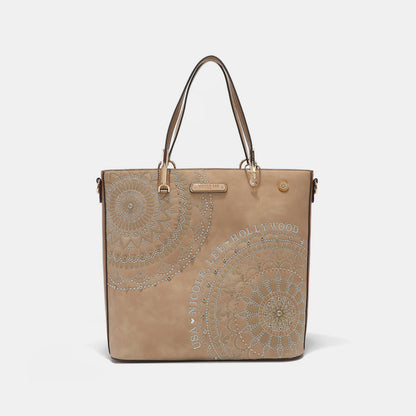 Nicole Lee USA Metallic Stitching Embroidery Inlaid Rhinestone Tote Bag - Tigbul's Variety Fashion Shop