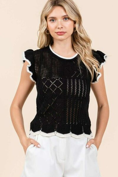 Black Openwork Contrast Trim Ruffled Cap Sleeve Knit Top - Tigbul's Variety Fashion Shop