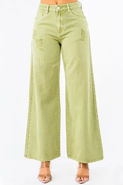 Yellow-Green High Waist Distressed Wide Leg Jeans | Tigbuls