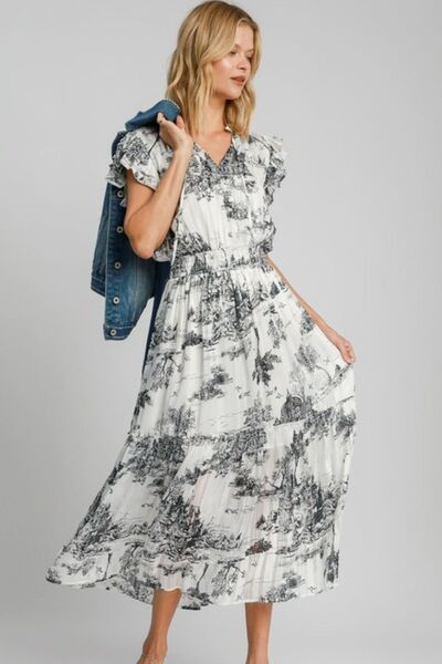 Black Two Tone Landscape Print Midi Dress - Tigbul's Variety Fashion Shop