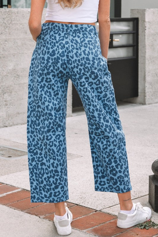 Sky blue leopard straight jeans, cropped wide legs