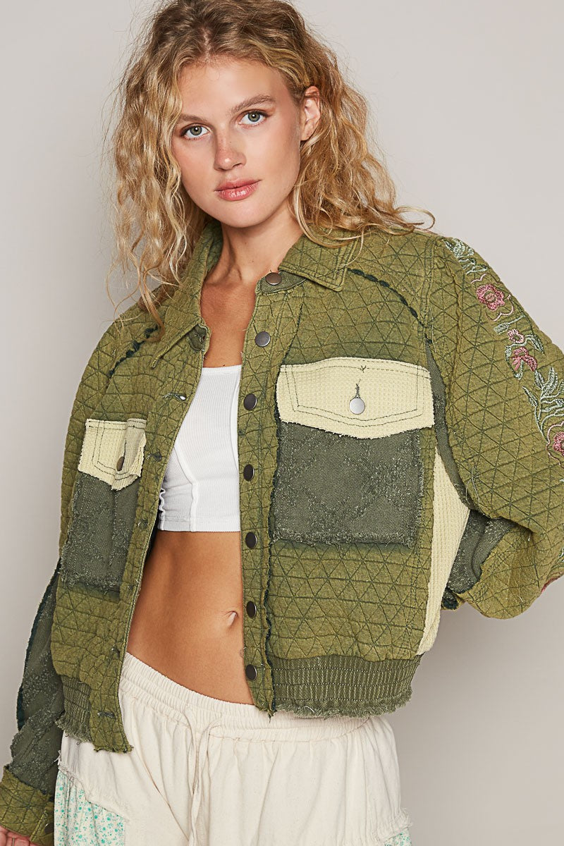 POL Embroidered Sleeve Raw Edge Quilted Jacket - Tigbul's Variety Fashion Shop