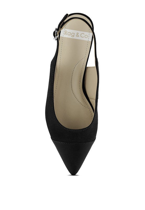 Black suede slingback flats with open-heel strap and low block heel