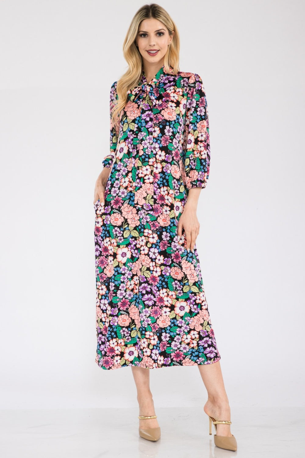 Size Small to 3XL Floral Midi Dress with Bow Tie - Tigbul's Variety Fashion Shop