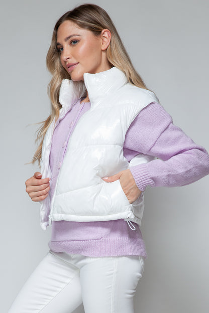 White Zip Up Turtleneck Shiny Quilted Vest - Tigbul's Variety Fashion Shop