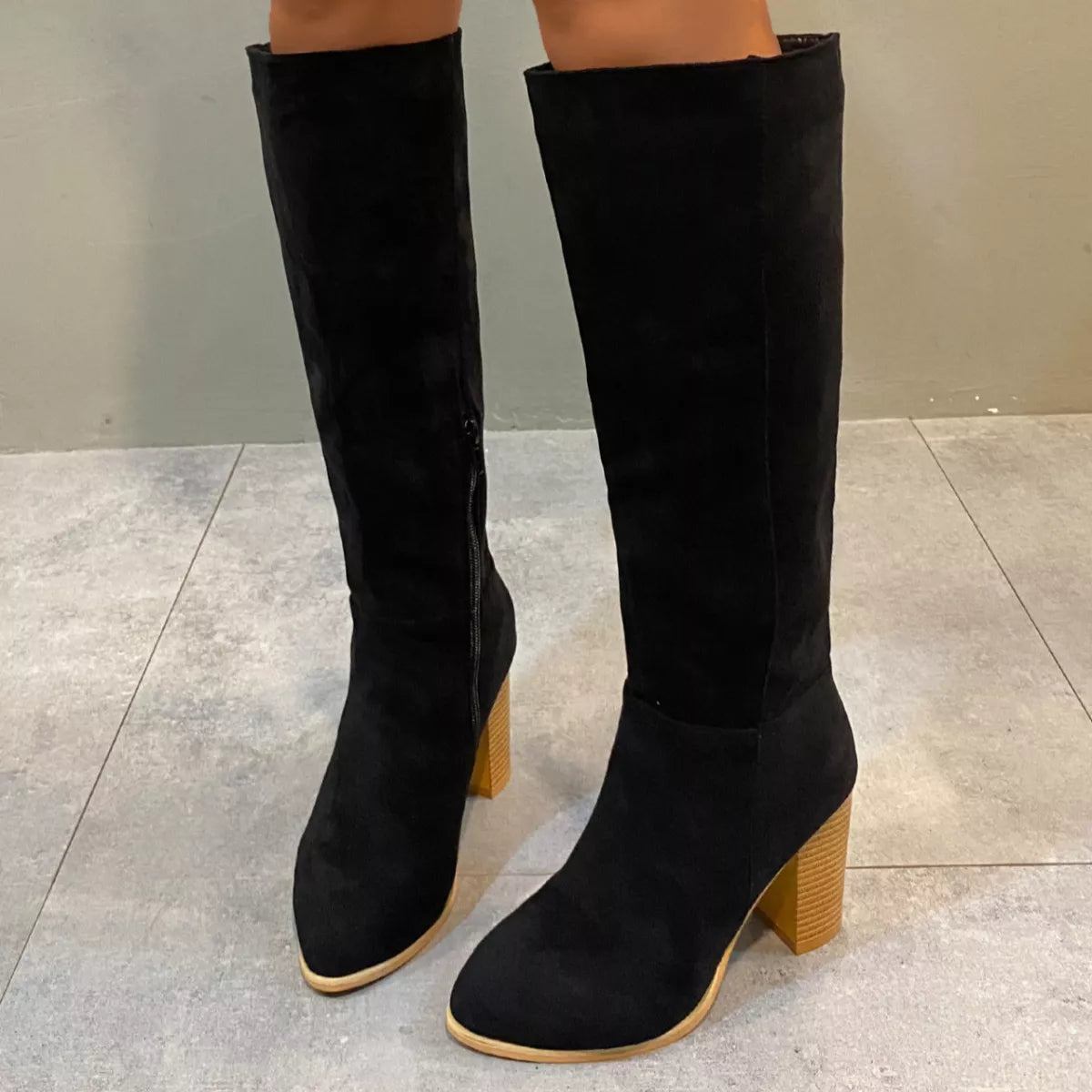 Point Toe Knee-High Suede Block Heel Boots - Tigbul's Variety Fashion Shop