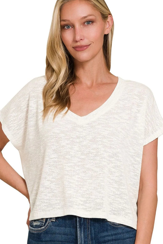 Hacci Slub V-neck Drop Shoulder Ivory Crop Top - Tigbul's Variety Fashion Shop