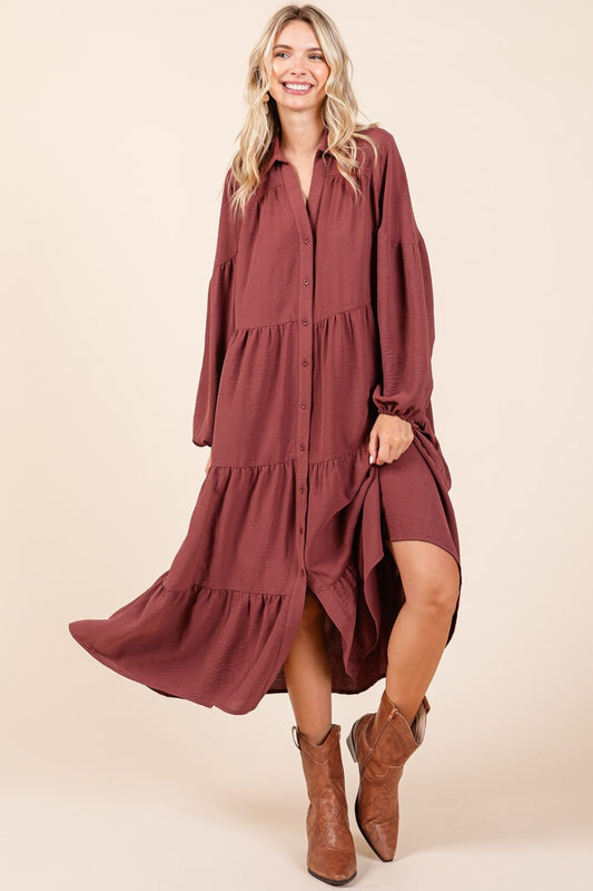 Mittoshop Tiered Button Down Long Sleeve Midi Dress - Tigbul's Variety Fashion Shop