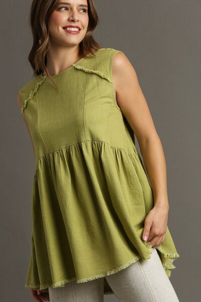 Yellow-Green Raw Hem Linen Round Neck Sleeveless Top - Tigbul's Variety Fashion Shop