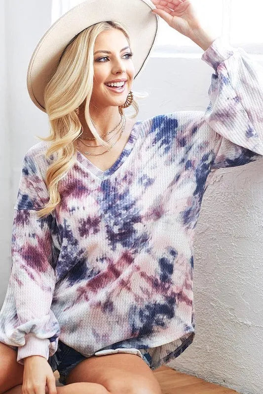 BiBi Tie-Dye V-Neck Long Sleeve Waffle Top - Tigbul's Variety Fashion Shop