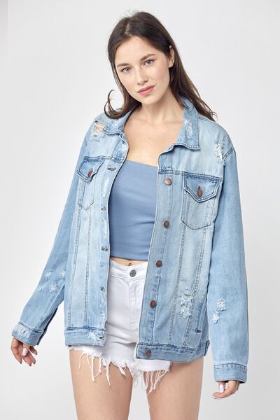 Light Blue Distressed Long Sleeve Denim Jacket Small-3XL | Tigbuls