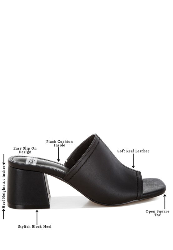 Black soft leather mules with open square toe and block heel, easy slip-on design