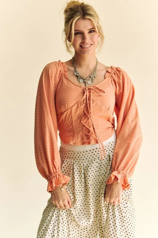 Peach Color Strap Front Corset Look Long Puff Sleeve Blouse - Tigbul's Variety Fashion Shop