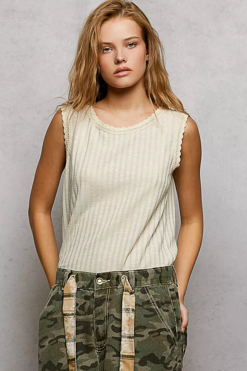 POL Ribbed Round Neck Tank with Lace Trim - Tigbul's Variety Fashion Shop