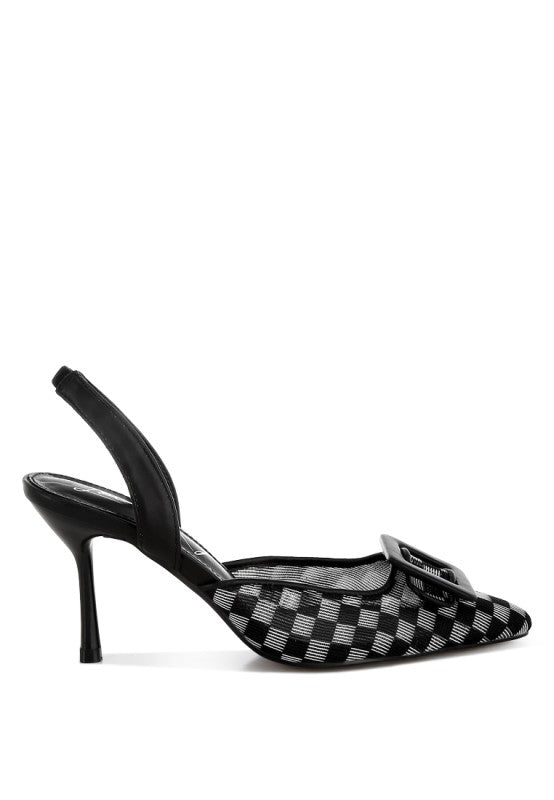 Black mesh checkered pointy stiletto slingback heel, side view with buckle