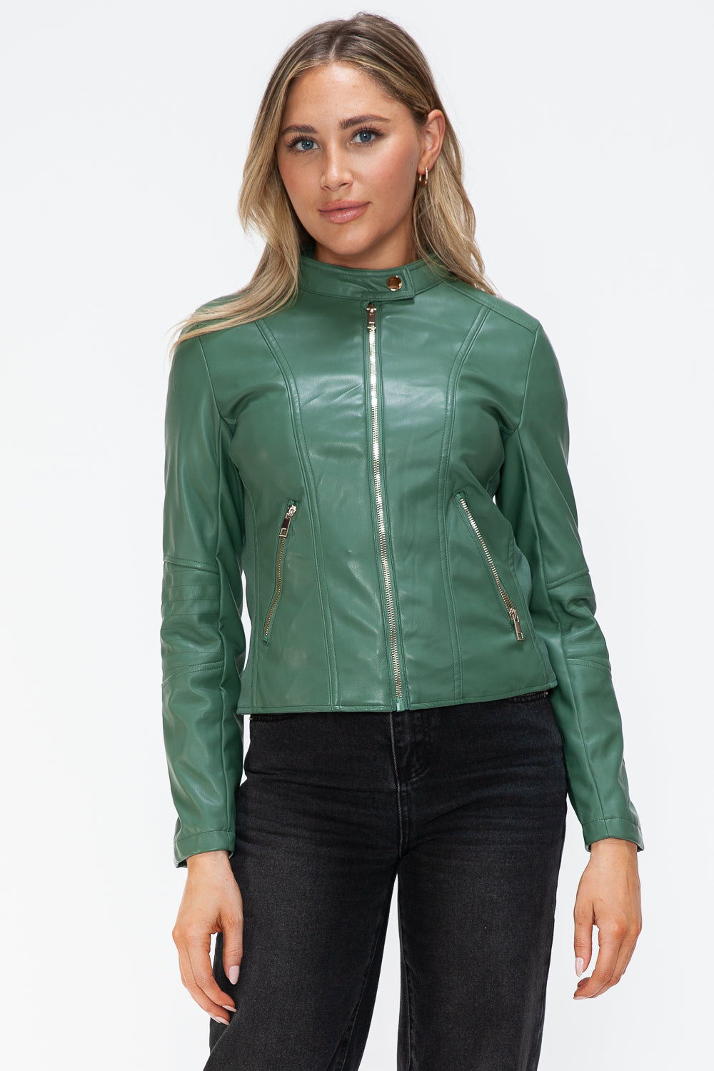 Faux Leather Zip Up Drawstring Hooded Jacket in Sage Green