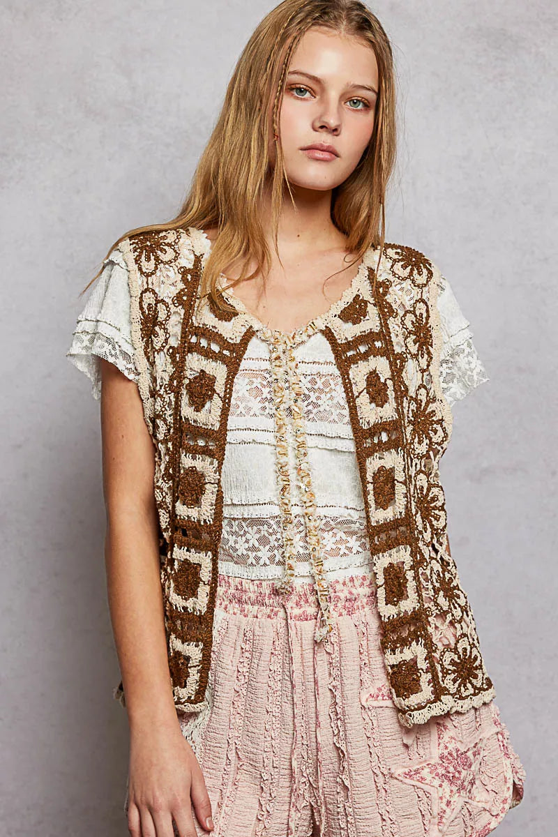 POL Tie Front Floral Pattern Crochet Vest with Scalloped Edge - Tigbul's Variety Fashion Shop