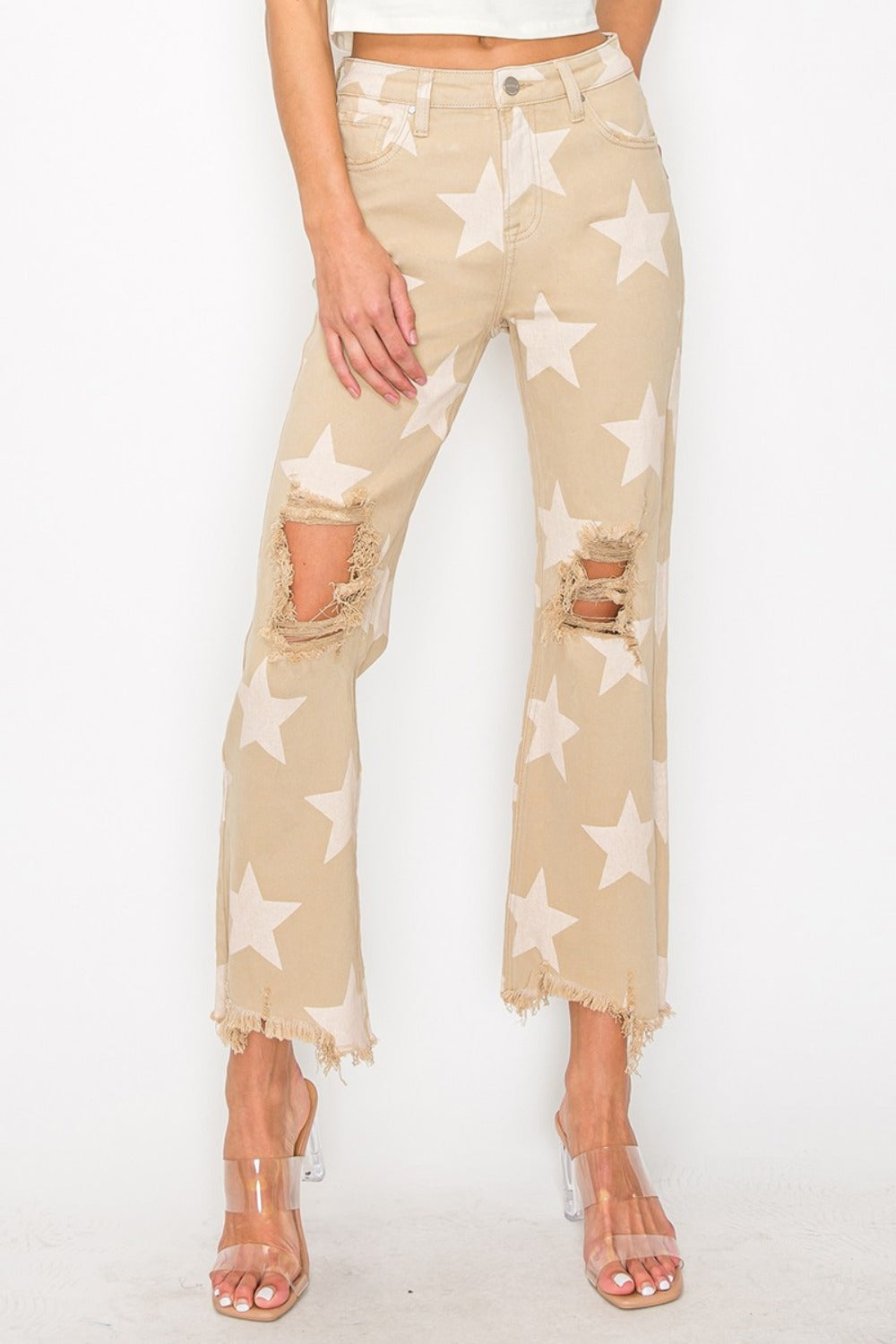 RISEN Full Size High Rise Star Printed Frayed Hem Jeans - Tigbul's Variety Fashion Shop